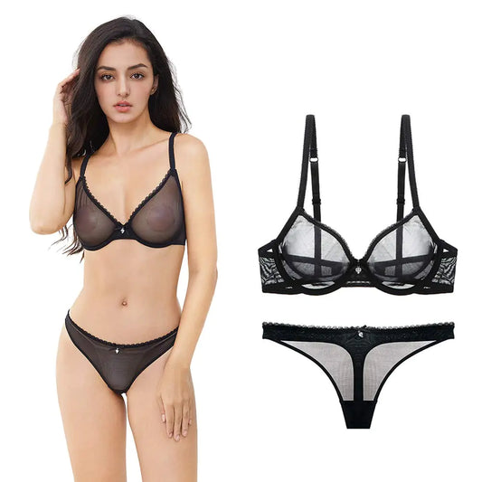 varsmiss Women See Through Mesh Bra Thong Set Transparent Sexy Underwear (D303+VN08238D Black)